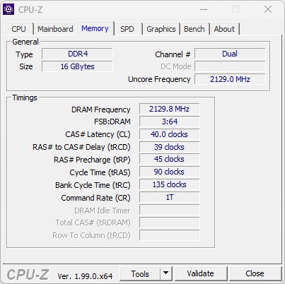 Für DDR4-RAM mit 16 GB und 4266 MHz wird in CPU-Z eine DRAM Frequency von 2129,8 MHz angegeben.